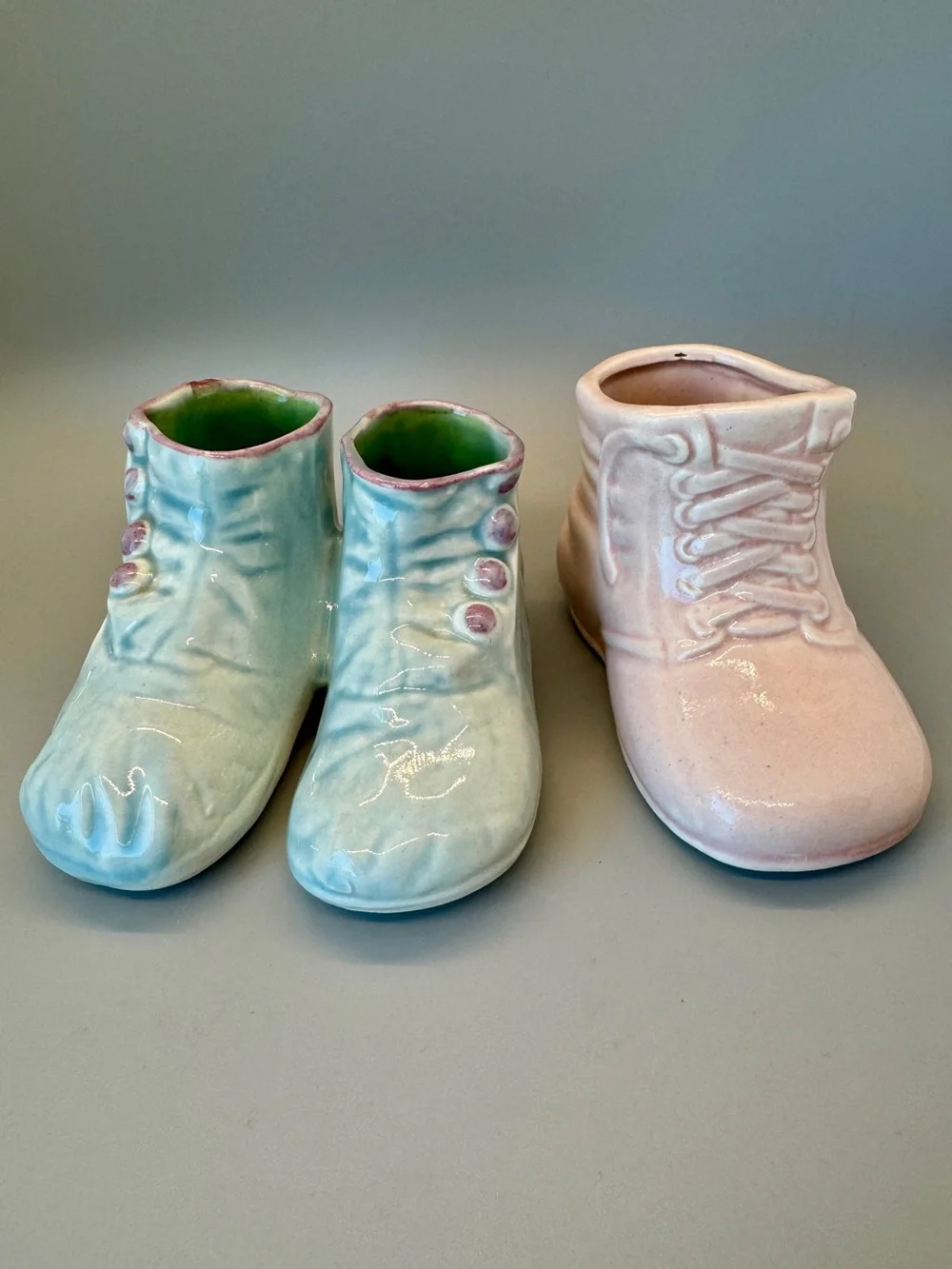 Vintage Ceramic Baby Shoe Planters - Pastel Blue Pair and Pink Single, ca. 1950